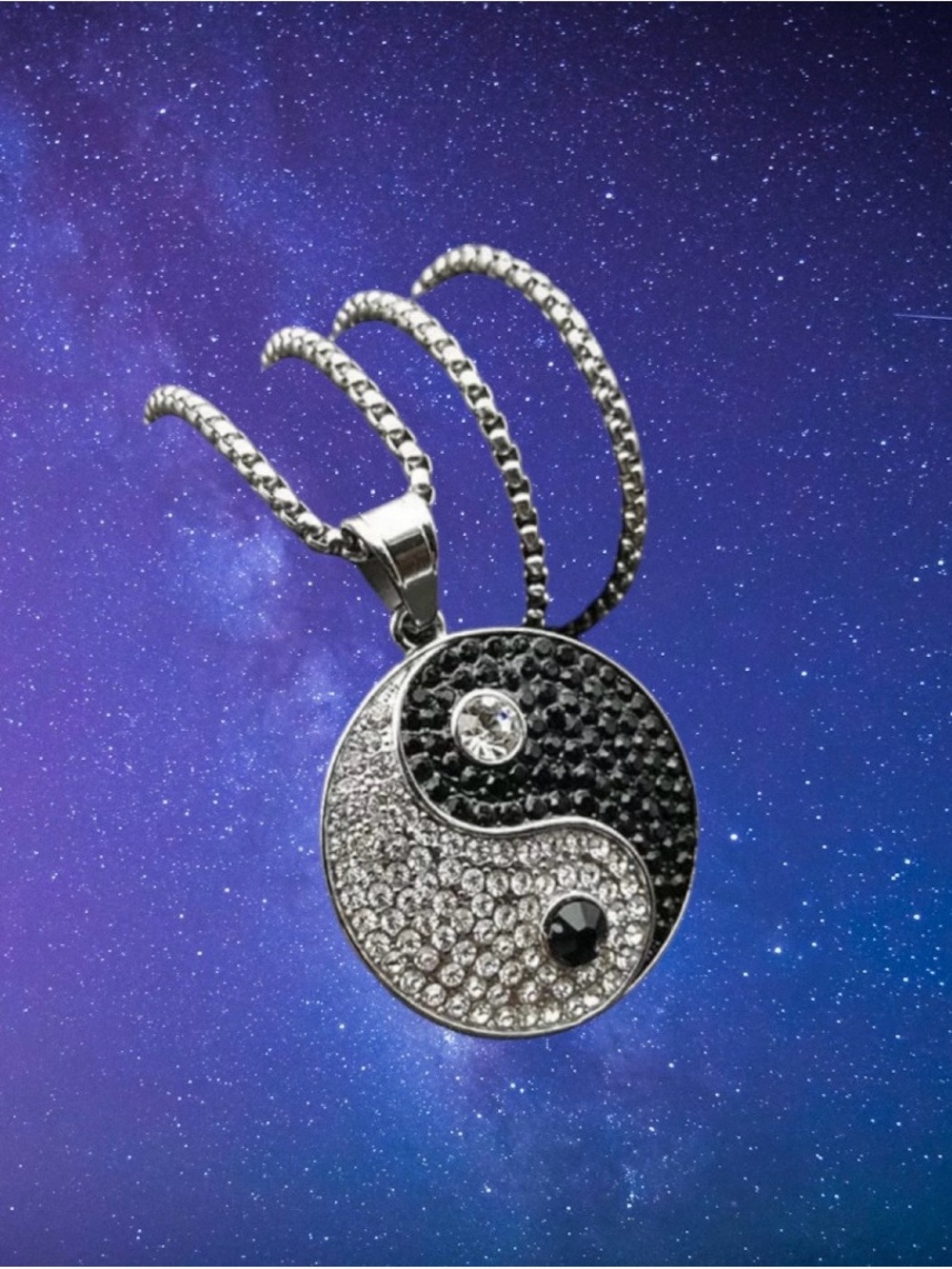 Yin Yang Crystal Pendant Necklace in Black & Silver